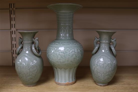 A Chinese celadon glazed vase, 23cm, a pair of vases and a dish